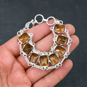 Piedra preciosa de cuarzo ahumado creada en laboratorio, pulsera de estilo de cadena hecha a mano chapada en plata 925, regalo de joyería fina de diseñador - Product Image 4