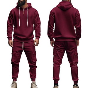 Conjunto de Chaqueta y Pantalones Cargo de Forro Polar para Hombre, con Capucha, Estampado Personalizado, 2 Piezas, Color Sólido, Manga Larga, Cierre de Botones - Product Image 2