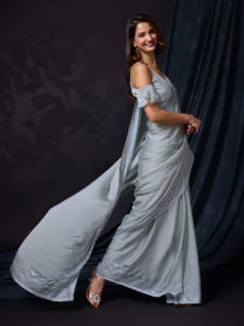 Sari de fête pour femme Trendmalls, en soie Rangoli, lourd, double teinte, style Siroski, pour mariage, avec pièce de chemisier non cousue, pour l'hiver et l'été - Product Image 3