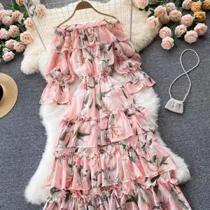 Robe longue à fleurs de tulipe pour femmes, épaules dénudées, manches évasées, 2023, automne 100%