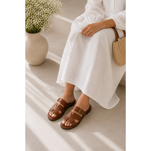 Tan Summer Slippers with Double <b>Strap</b> <b>Buckle</b> Open Toe Anti-Slip Features - Product Image 2