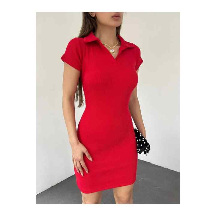 Women's Polo Neck Short Sleeve Camisole Short Dress Red