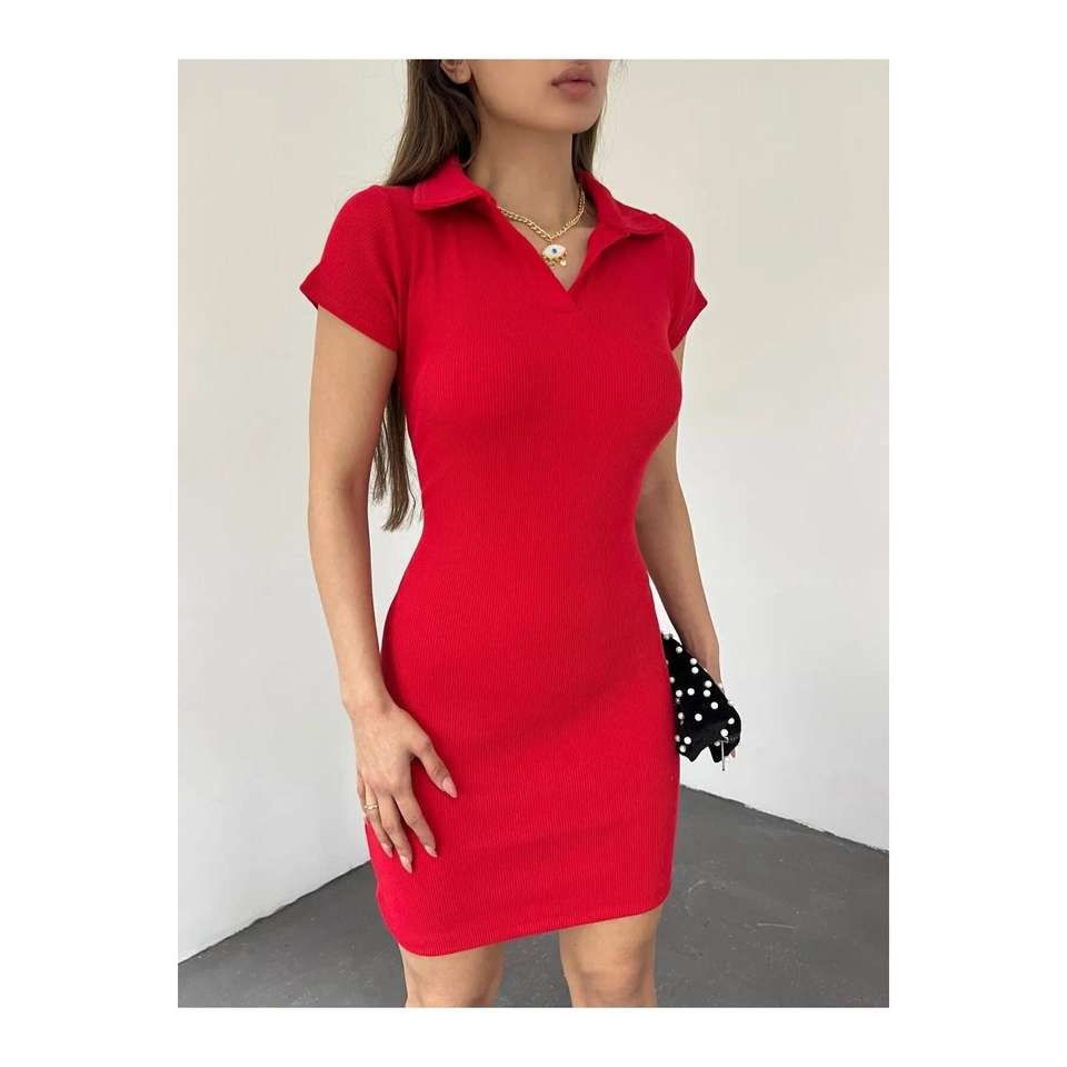 Women's Polo Neck Short Sleeve Camisole Short Dress Red