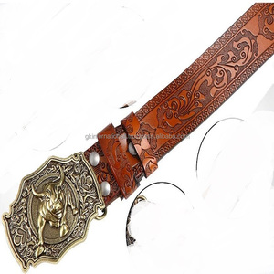 ราคาขายส่งผู้ชายคลาสสิกตะวันตกหนังเข็มขัดเครื่องมือมือแกะสลักดอกไม้นูนคาวบอยวัวทองเหลืองเข็มขัดหัวเข็มขัด - Product Image 1