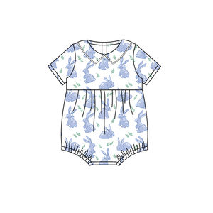 Venta al por mayor de ropa de pre-pedido para niños, ropa infantil con estampado de conejito azul, peleles para bebés y niños con burbujas de Pascua - Product Image 1