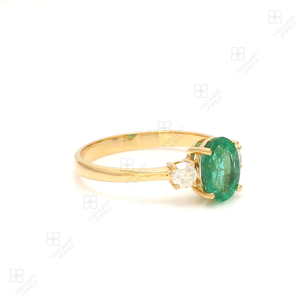 1.00Cts Esmeralda zambiana natural Anillo de tres piedras con diamante redondo 14K Oro sólido Acabado de alta calidad Anillo de lujo fino de piedras preciosas - Product Image 3