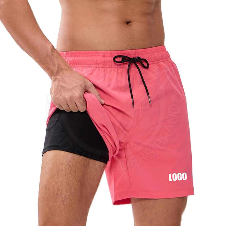 Customized Logo Men's Quick Dry Gym Shorts Mid Waist Solid 2-in-1 Compression Liner Waterproof Walkout Casual Beach Shorts