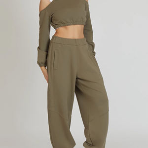 Pantalon de survêtement décontracté pour femme, personnalisé pour l'hiver, en coton confortable, surdimensionné, devant plat, taille élastique, polaire, séchage rapide, couleurs unies - Product Image 5