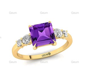 Gorgeous Natural Purple <b>Amethyst</b> Gemstone Halo Solitaire Wedding <b>Rings</b> 18K Solid <b>Gold</b> Adorned Genuine Diamonds Handmade Classic - Product Image 6