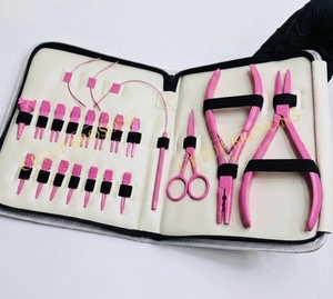 <b>Pink</b> Gold Stainless Steel Hair Extension <b>Tools</b> Kit Pliers Micro Rings Loop Needles Clips Strong Hold Commercial Use - Product Image 1