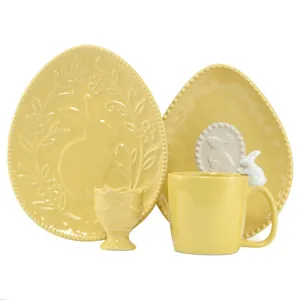 4 Pcs Cute Easter Bunny Rabbit Embossed Sets Dinnerware Ceramic Catering Serving Dishes Cup Plate Egg Holder Mug Dinnerware Set