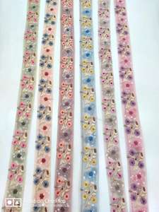 Custom Made Machine Embroidered Laces in <b>Small</b> Pearls & <b>Mirror</b> Work in Colours for Wedding Dresses - Product Image 4