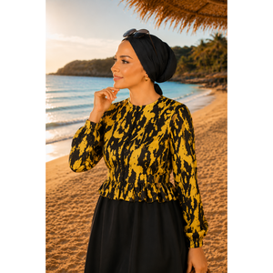 Conjunto de Traje de Baño de Tres Piezas en Negro y Amarillo con Top Estampado, Cintura con Volantes y Detalle de Cremallera - Estilo Burkini, Tallas XXS a XL - Product Image 2