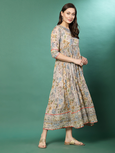 Vêtements ethniques traditionnels pour femmes, kurtis Anarkali en coton pur brodé, col en V, manches trois-quarts, longueur genoux, imprimé - Product Image 6
