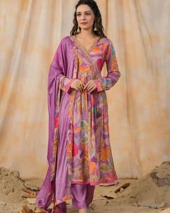 Indian & Pakistani Women's Embroidered Chinon Long <b>Kurtis</b> & Palazzo Suits for Wedding Party Wear Ethnic Fashion New Arrival - Product Image 3
