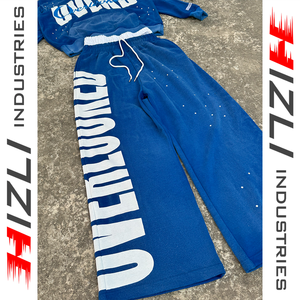 Blue Oversized Hoodie Sweatpants <b>Set</b> Unisex Streetwear Full Sleeve Drawstring Loose Fit Winter Wear Double Belt Sun Faded 100% - Product Image 2