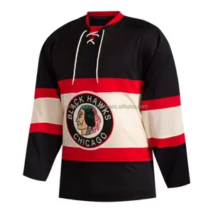 黑色和白色，带红色冰球运动衫蕾丝领定制可逆冰球运动衫，适用于全团队冰球运动衫