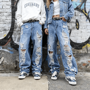 أحدث جينز مصمم حسب الطلب لعام 2026 بتصميم عتيق مغسول وممزق، ملابس الشارع على طراز الهيب هوب، مقاسات كبيرة للإطارات أكبر، جينز واسع الساق - Product Image 2