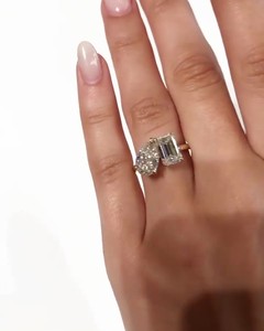 Toi Et Moi Emerald 7x9mm & Pear 7x10mm Moissanite Diamond <b>Two</b> <b>Stone</b> Engagement <b>Ring</b> | 18K Gold Plated Minimalist Bridal Jewelry - Product Image 4