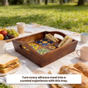 Bandeja de Madera para Servir con Asa y Azulejos de Cerámica, Vajilla Moderna y Portátil para Bebidas, Comida y Uso en la Sala de Estar - Product Image 2