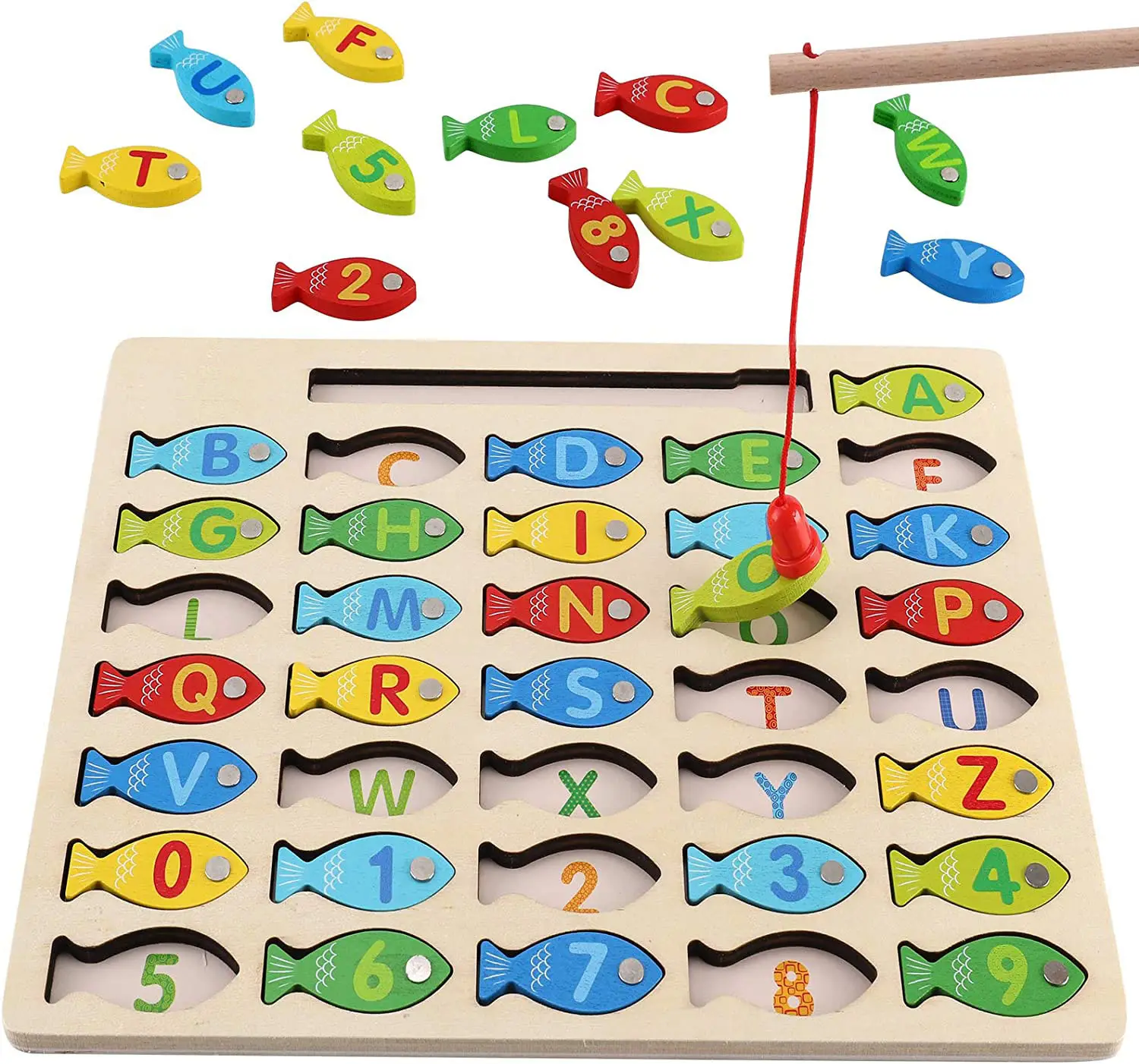 Custom-crafted Top Quality Colorful Wooden Toys Fishing Games Puzzle with Number and Letter for Kids