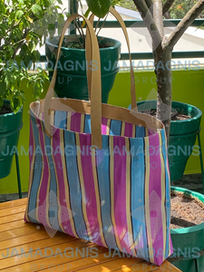 Bolsas de compras a rayas de nailon reciclado con cierre personalizado de Jamadagnis Group, asas de cuero Vegano para viajes al aire libre para mujer - Product Image 5