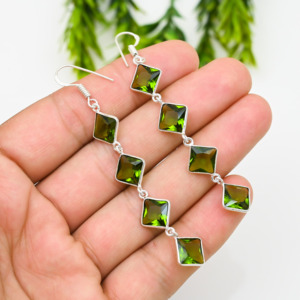 Designer Exclusive Green <b>Peridot</b> Gemstone Square Shape Silver Plated Fashion <b>Earrings</b> Handmade Looking Sterling Parties Weddings - Product Image 3