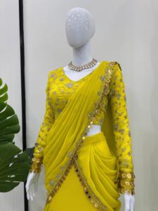 Magnifique Ensemble Ethnique Complet Prêt-à-Porter en Fausse Georgette Lehenga Saree & Choli avec Doublure Interne en Microfibre pour Mariages Diwali Vente en Gros - Product Image 6
