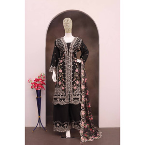 Nuevo Conjunto de Top de Fiesta de Seda de Diseñador, Palazzo y Dupatta, Georgette Fox, 40, Largo Regular, Cuello Redondo, Mangas Modernas, Secado Rápido - Product Image 5