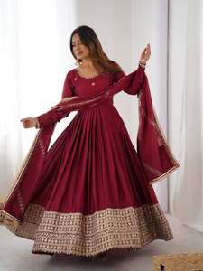 Ensemble de robe Anarkali en brocart royal marron avec dupatta pour mariage, tenue de soirée et occasions festives - Product Image 4