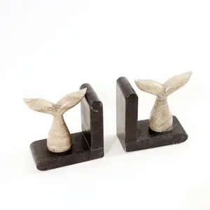 Handcrafted Whale Tail <b>Bookends</b> with Natural Stone Bases Sculptural Book Holder Pair for Home Office Hotel - Product Image 1