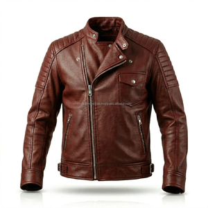 Wholesale Zipper Vintage <b>Burgundy</b> Biker <b>Leather</b> <b>Jacket</b> for Men Custom Fit Stand Collar Front Logo Premium Quality - Product Image 4