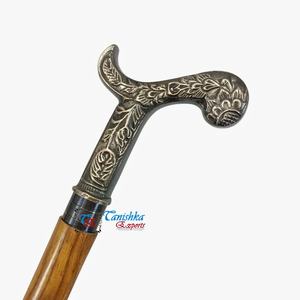Tanishka Exports Adjustable Brown Wooden Walking <b>Stick</b> for Men Women Handcrafted Carved Flat Shaft Engraved Brass Handle 550gm - Product Image 3