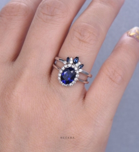 Bague de fiançailles décente en saphir bleu coupe ovale 6*8mm avec bande incurvée couronne, bagues Bling de luxe en or blanc massif 14K d'Inde - Product Image 5
