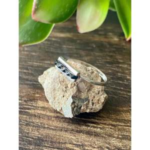 Zuni Made Sterling <b>Silver</b> Bar <b>Ring</b> Size 6.5 with Onyx Gemstone and <b>Emerald</b> Cut Geometric Pattern Men's Fine Fashion Jewelry - Product Image 4