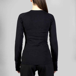 Camiseta negra lisa de manga larga de poliéster/algodón con cuello, decoración de logotipo anticontracción, servicio OEM, ropa de calle transpirable para mujer - Product Image 3