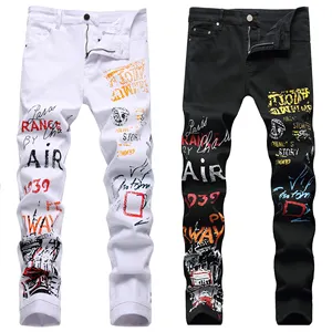 Streetwear Wholesale Painted Graffiti Trousers Skinny Stacked Denim Jeans Pants For Men