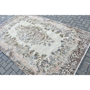 Turkish Vintage Rug, 5.4x9.1 ft Large Rug, <b>Brown</b> White Solid <b>Wool</b> Rug - Product Image 4