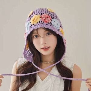 Handmade Cotton Character Hollow Flower Common Knitted <b>Hat</b> Unisex Adult <b>Purple</b> Pullover Face-Slimming Atmosphere Casual 56-58cm - Product Image 3