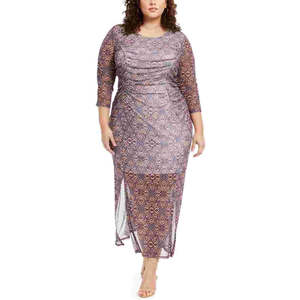 Abito lungo in chiffon viola taglie forti da donna NY Collection con stampa e doppio spacco, modello a tubino con vita impero, taglia 1X - Product Image 1