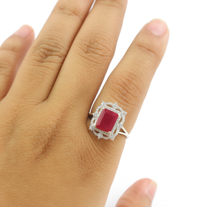 Anillo de bodas de plata de ley 925 hecho a mano con anillos finos de racimo de rubí Octágono para novias - Product Image 2