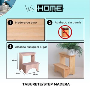 WELL HOME Sgabello in Legno Grezzo 40x30x40 cm Finitura Naturale - Sgabelli e Pouf - Product Image 2