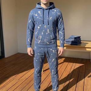 Conjunto Deportivo Personalizado de Algodón Grueso, Transpirable y Ecológico para Hombre, Sudadera con Capucha y Pantalones Jogger con Estampado de Salpicaduras de Ácido Azul - Product Image 1