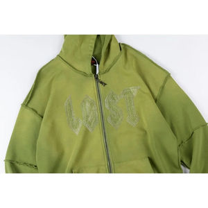 มีฮู้ดสำหรับผู้ชายพิมพ์ลายโลโก้ติดเพชรสีเขียวจางมีซิป - Product Image 5