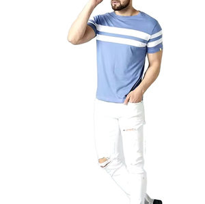 Haute qualité meilleurs hommes décontracté personnalisé t-shirt col rond ligne T-shirt bleu ciel plaine t-shirt pour hommes unisexe Slim Fit - Product Image 3