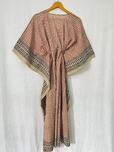 Caftán rojo hecho a mano de algodón 100% para mujeres indias, cubierta de playa hasta el suelo, ropa de dormir Natural, estampado de flores a mano, hermoso - Product Image 5