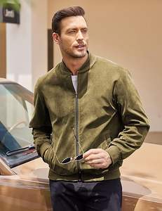 Blouson aviateur décontracté en daim vintage pour hommes, design universitaire léger, col montant, motif géométrique, fermeture éclair avant pour l'hiver - Product Image 1