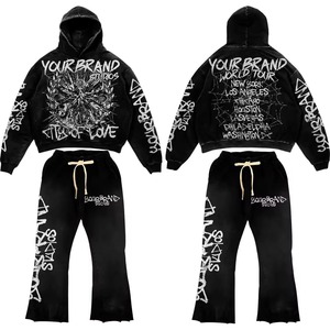 Conjunto de sudadera con capucha y pantalones de chándal desgastados con bordado de manga de serigrafía de lavado ácido de gran tamaño y peso pesado personalizado - Product Image 1