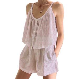 Conjunto de Pijama Corto Estampado Transpirable para Mujer, Tejido de Algodón de Punto Floral, Conjunto de Pijama Ajustado sin Mangas con Tirantes para Mujer - Product Image 1