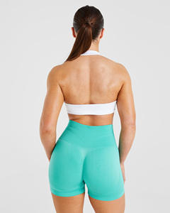 Custom Logo Jade Green Empower <b>Shorts</b> And <b>White</b> Essential Halterneck Sports Bra <b>Women</b> Sets Workout Gym Two Piece Set For <b>Women</b> - Product Image 4